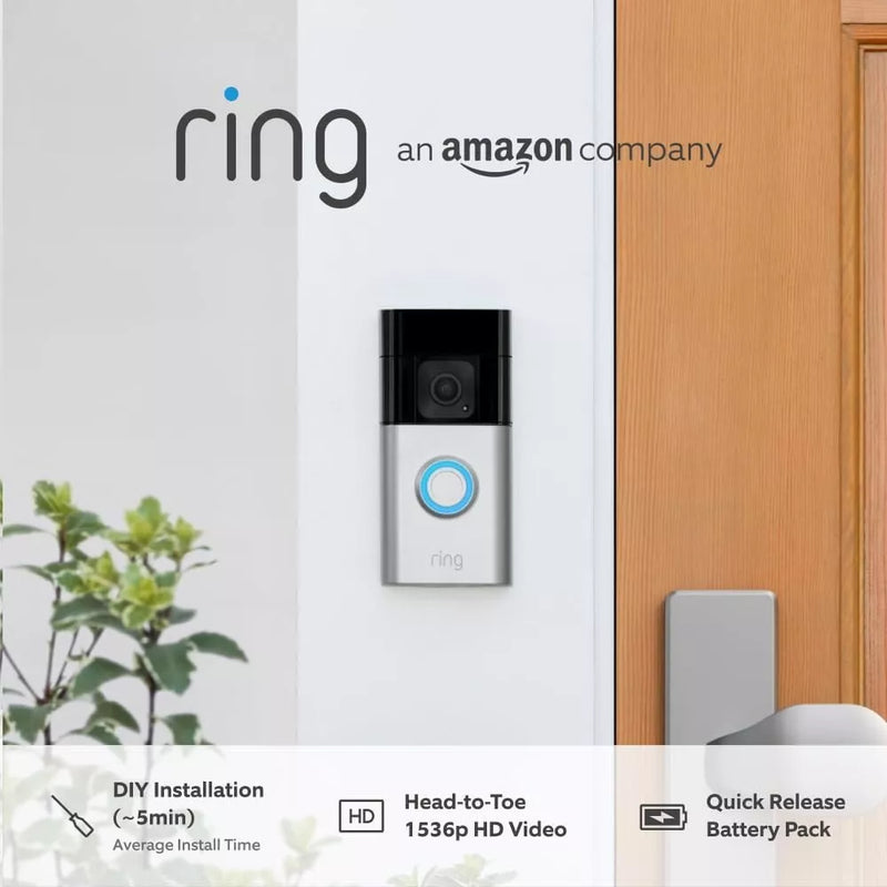 Ring Video Plus Wireless Doorbell Camera 1536p Night Vision Head-To-Toe View