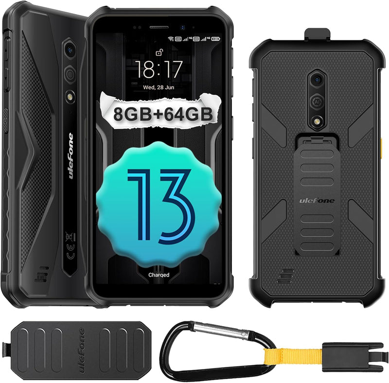 Ulefone Armor X12 Pro Rugged Smartphone with Case, Up to 8GB RAM, 64GB ROM, Android 13 Mobile Phones, IP68/69K Waterproof, 3-Card Slot, 13MP +8MP Camera, Octa Core, 5.45 inch Tough Screen, NFC, Black