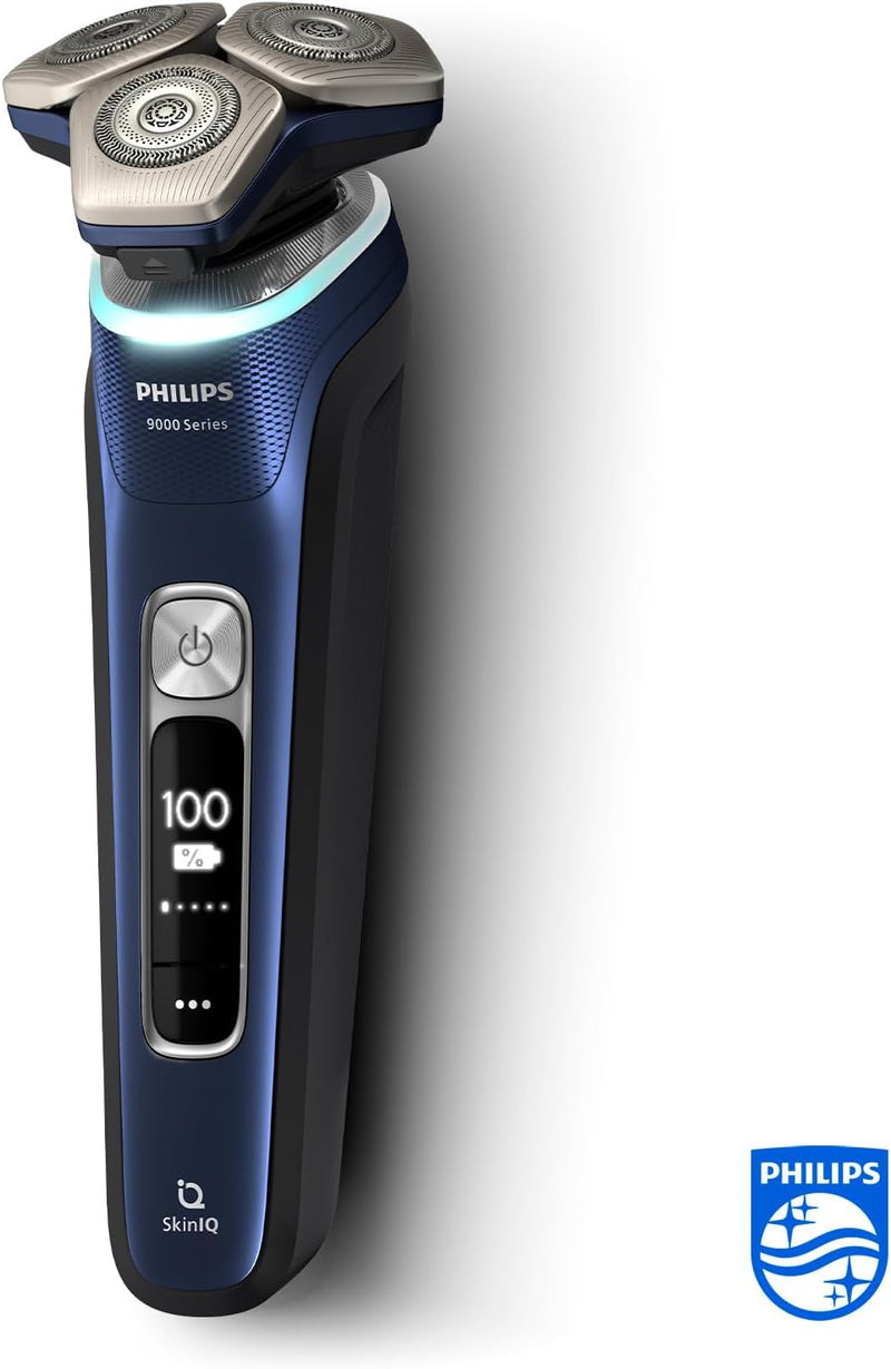 Philips Shaver Series 9000 - Wet and Dry Electric Shaver for Men in Blue with Lift & Cut, SkinIQ Technology, Pop-up Trimmer, Cleaning Pod, Beard Styler, Charging Stand, Travel case (Model S9980/74)