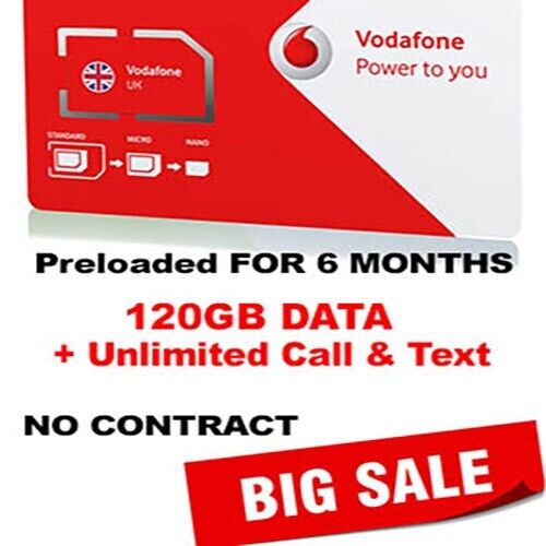 Preloaded Vodafone Sim Card  with 20GB Data,Unlimited calls and texts every 30 days for 6 months